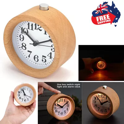 Classic Round Silent Table Desk Snooze Beech Wood Alarm Clock Night Light Modern • $20.66