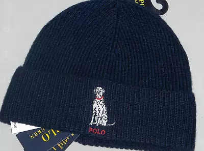 POLO RALPH LAUREN Men's Dalmatian Dog Rib Knit Beanie Hat Watch Cap NAVY BLUE • $59.95