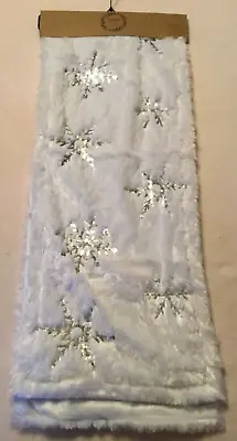 NEW Thro Marlo Lorenz 14x72” Table Runner White Faux Fur Silver Sequin Snowflake • $21