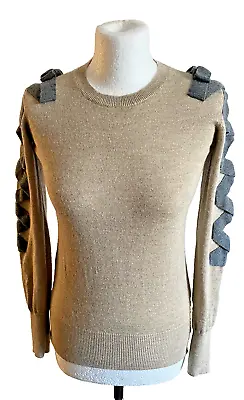 Markus Lupfer Gold Merino & Lurex Jumper Grey Knit Zig Zag On Sleeves Size S. • $66.92