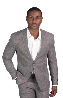 Slim Fit 2 Button Blazer Tweed Plaid Light Brown Notch Lapel Jacket AZAR MAN • $99