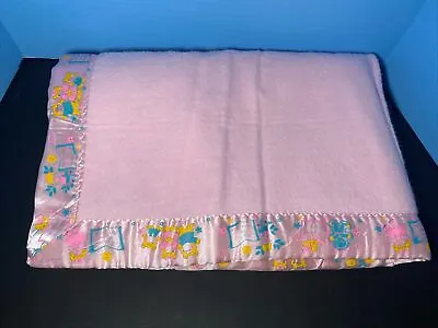 NURSERY RHYME Satin Trim Pink Baby Blanket Security Lovey Vintage • $29.99