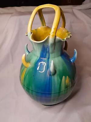 Vintage Mexican Handmade Dripware Glazed Pottery Drinks Jar With Cup Hooks • $55