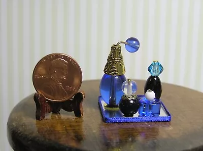 Miniature Dollhouse Perfume Bottles W/ 1  Square Mirror / Blue 4 Bottles  001 • $4.79