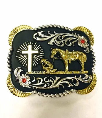 Praying Cowboy Belt Buckle Western Rodeo Fashion Horse Faith Cross Religious • $15.55