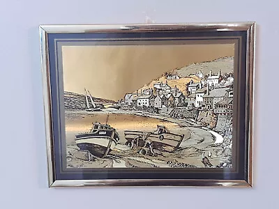 Wall Hanging Foil Art Picture Seaside Style Town Landscape Nautical Boats Gold • £19.95