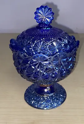 Blue Cobalt Carnival Glass LG Wright Daisy & Button Candy Glass Bowl W/ Lid Rare • $69.30