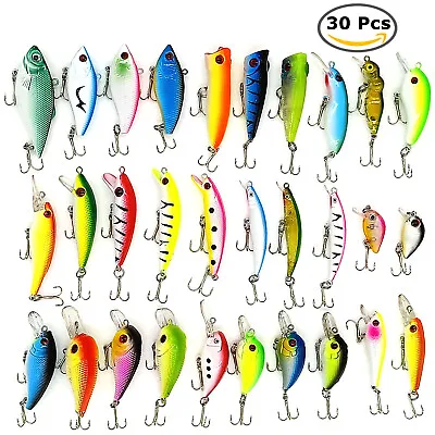 30PCS Kinds Of Fishing Lures Crankbaits Hooks Minnow Baits Bass Tackle Crank Set • $18.95