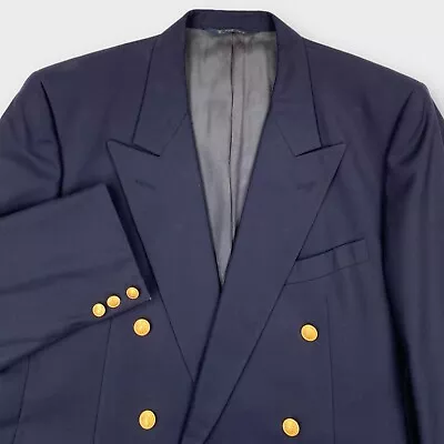 Vintage Burberry Mens 42L Navy Double Breasted Gold Button Wool Blazer Jacket • $49.99