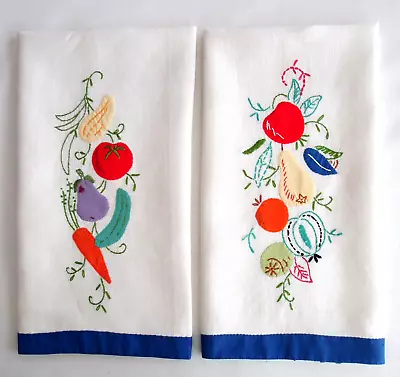 Vintage Pair Hand-Sewn Applique & Embroidered Kitchen Tea Towels Fruits & Veg. • $15