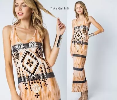 New VOCAL Womens CRYSTAL TAUPE TIE DYE AZTEC SOUTH WESTERN MAXI DRESS S M L USA • $52.20