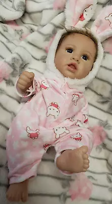 12  REBORN Solid Vinyl Preemie Baby Doll Micro-rooted Hair Blue Eyes Bunny Ears • $45.95