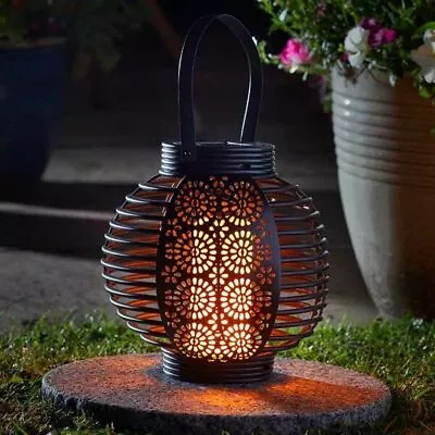 Solar Powered LED Flame Effect Rattan Lantern Outdoor Garden Decor Hanging Lamp • £13.99