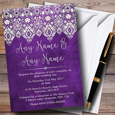 Cadbury Purple Old Paper & Lace Effect Personalised Wedding Invitations • £9.99