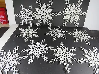 10 Lg Vintage Plastic Snowflakes Iridescent Glitter Ornament Lot Christmas B4058 • $6.44