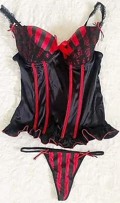 Vtg Morbid Threads Corset 36C Black Red Underwire Bows  Lace Up Gothic G String • $34