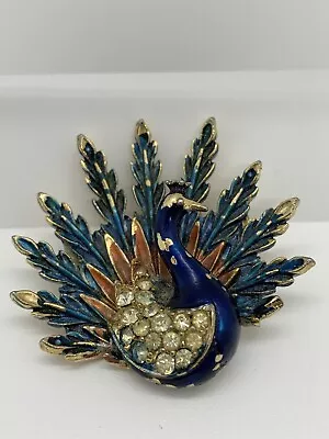 Vintage Pin Brooch Peacock Signed ART Gold Tone Rhinestone Blue Enamel Figural • $35.95