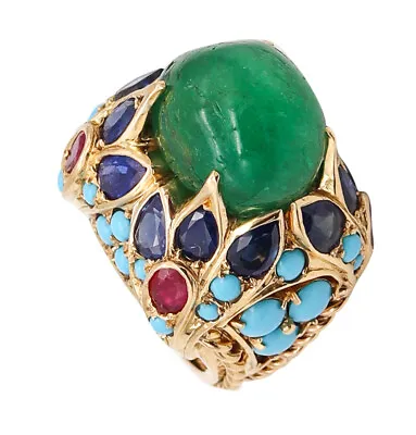 Mid Century 1960 Mughal Tutti Frutti Cocktail Ring 18 Kt Gold 33.68 Cts Gemstone • $8950