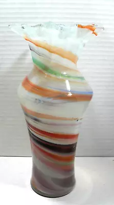 Murano? Art Glass Spiral Swirl Vase With Ruffled Rim. 8.5  Tall End Of Day Swirl • $36