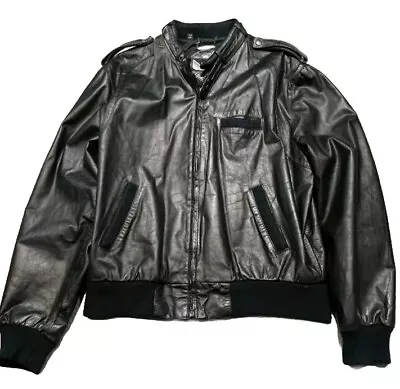 Members Only Leather Jacket Mens Size 44 L Black Bomber Biker Racer Vintage 80s • $98.99