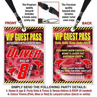 LASER TAG / QUEST PARTY LANYARD VIP PASS Birthday Invitation Blue Red Or Pink • £1.95