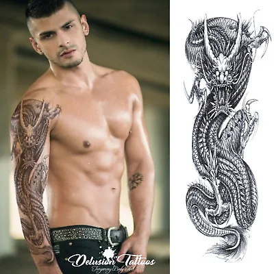 £4.99 • Buy Realistic Temporary Tattoo Sleeve, Dragon, Chinese, Oriental, Arm, Mens, Womens