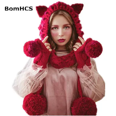 $11.69 • Buy BomHCS Beanie Scarf Fox Ears Cat Ear Hat 100% Handmade Knitted Winter Warm Cap