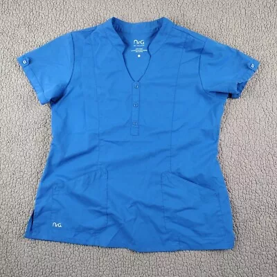 NRG By Barco Uniforms Scrub Top Womens Large Blue Collared 1/2 Button Up • $18