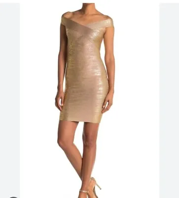 $1290  Herve Leger  Criss Cross Off The Shoulder  Metallic  Bandage  • $399