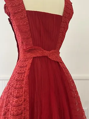 Vintage 1950s Red Lace Tulle Prom Dress XS STUNNING • $75