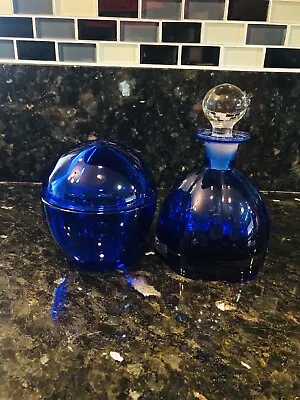 Vintage Cobalt Blue Glass Vanity Set Covered Dish & Perfume Bottle Art Deco • $29