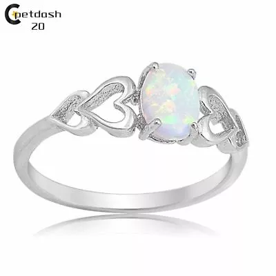 Womens Opal Love Heart Cutout Wedding 925 Sterling Silver Jewelry Size 6-10 • $6.29