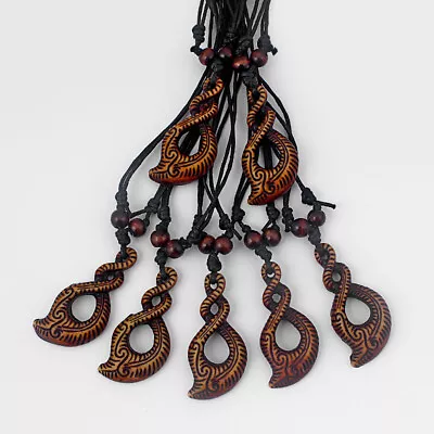 12pcs Black Wax Cord Brown Tribal Maori Twist Hook Pendant Surfer Necklace • $11.99