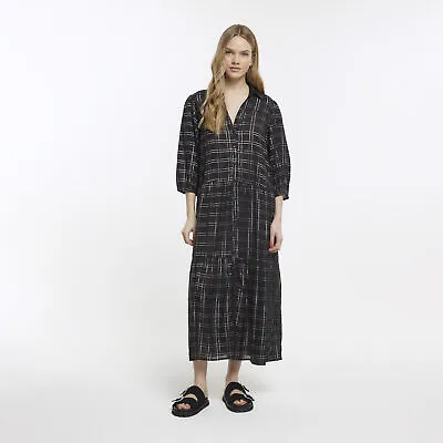 River Island Womens Smock Midi Shirt Dress Black Check 3/4 Sleeve Collared • £15