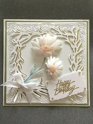 Handmade  Card Topper  3D HAPPY BIRTHDAY.  White. Gold. Daisies. Twig Frame   Z • £2.35