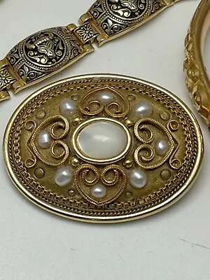 MICHAL GOLAN Vintage Hearts Faux Pearls Brooch Pendant Etruscan Revival Style • $58