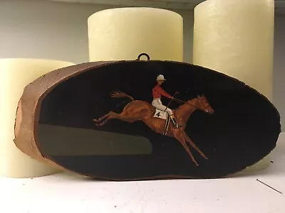 VTG Primitive Folk Art Oil Painting Jockey Horse Jumping Equine On 8  Wood Slice • $45