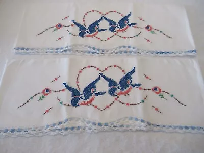 Vintage Pillowcases White Blue/Green Birds/Orange Flowers Stitched Crocheted • $12