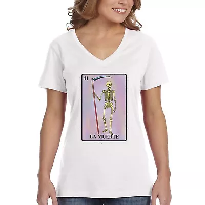 XtraFly Apparel Women's La Muerte Loteria Skeleton Skull Mexican V-neck T-shirt • $16.49