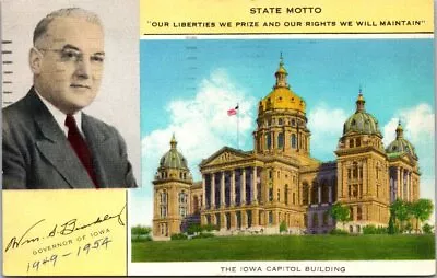 Iowa State Capitol Bldg Flag Motto Governor 49-54 Bearsley Linen Postcard IA • $3