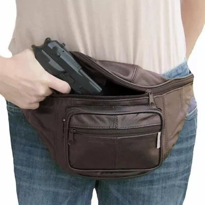 Brown Leather Concealed Carry Weapon Fanny Pack Waist Pistol Gun Bag CCW • $21.24