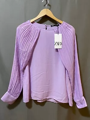 NWT ZARA Women's Cuffed Pleated Split Long Sleeve Chiffon Blouse Size S Lavender • $37.69
