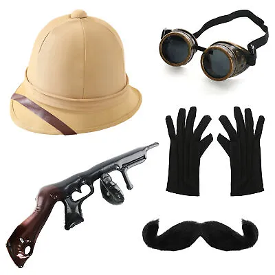 Jungle Hunter Explorer Adult Fancy Dress Costume Safari Hat Goggles Gloves Tache • £17.99