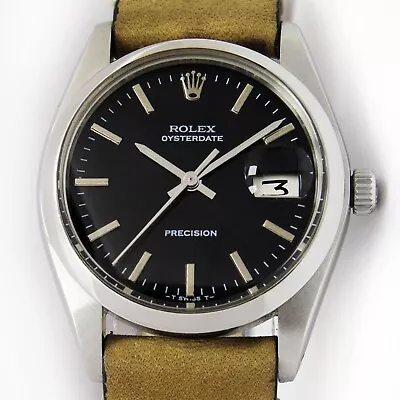 Rolex Oyster Date Precision Black Dial Mens 34mm Vintage Steel Watch 6694 • £2532.96