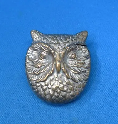 $75 • Buy Antique Match Safe, Figural Owl Face, Plated Brass, C. 1895, Vesta