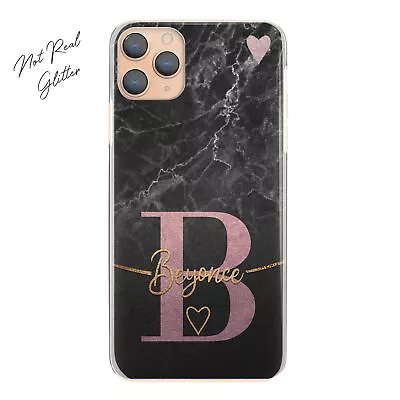 Personalised Initial Name Phone Case;Rose Pink Heart On Black Marble Hard Cover • £6.49