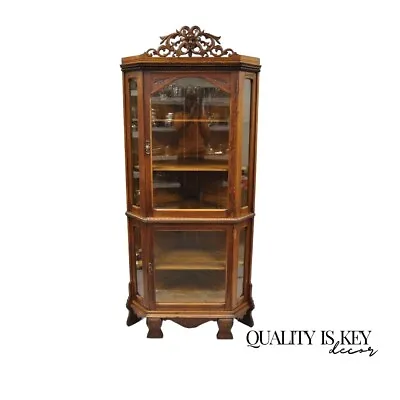 Antique Oak Victorian Renaissance Glass Door Carved Curio Corner China Cabinet • $3200