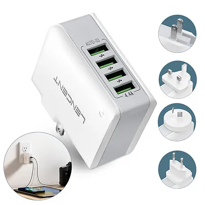 LENCENT Universal Travel Wall Charger US/UK/EU/AU Plug Adapter With 4 USB Ports • £13.99