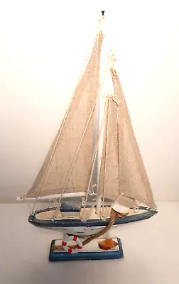 Sailing Boat Rustic Wood Ornament Yacht Nautical Buoy Shells Sea Life • £12.65