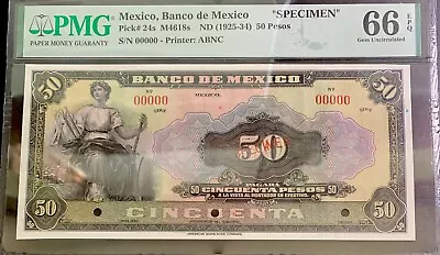 Mexico Banco De Mexico 1925 / 50 Pesos / Pk24s / PMG 66EPQ - Superb Gem Quality • $41